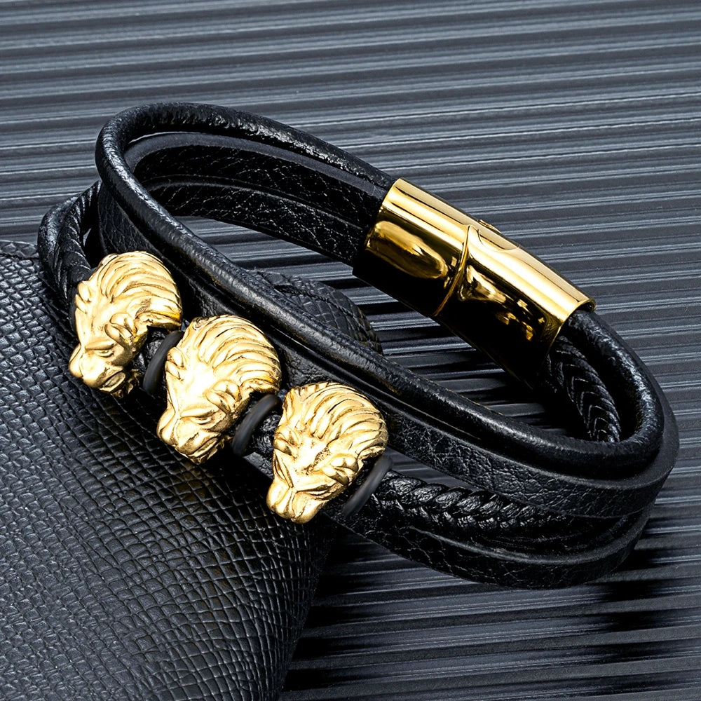 MKENDN Fashion Stainless Steel Charm Magnetic Black Genuine Leather Braided Bracelet 18k Plated Leo Lion Cuff Wristband Jewelry