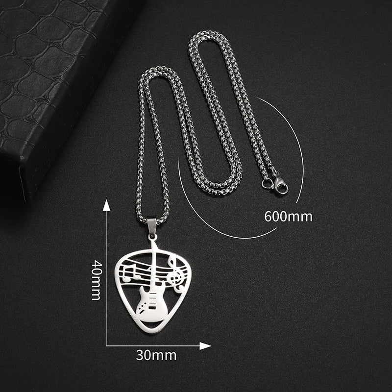 Collier en acier inoxydable avec pendentif en forme de médiator de guitare et de basse pour homme et femme, idéal pour les amateurs de musique, bijoux rock punk