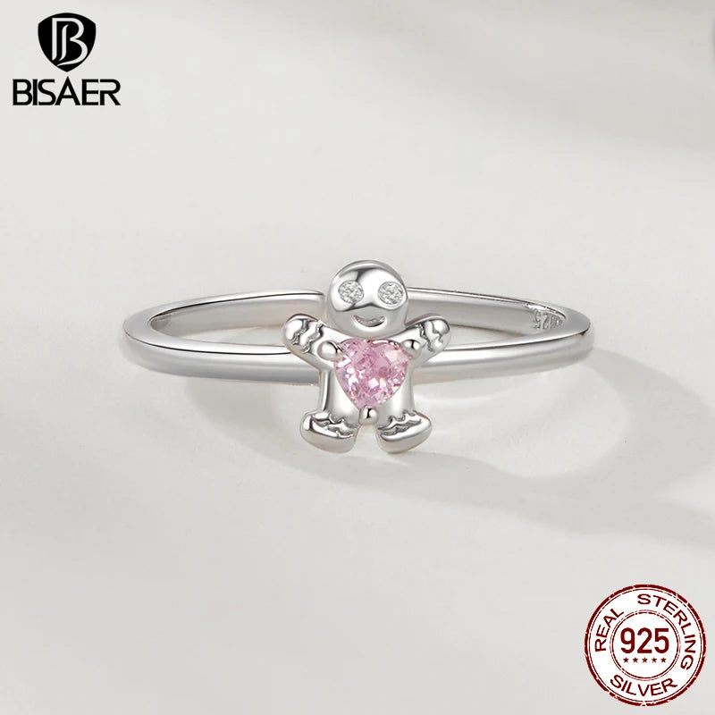 BISAER 925 Sterling Silver Gingerbread Man Open Ring Adjustable Size 5-9 Band Plated White Gold for Women Party Fine Jewelry