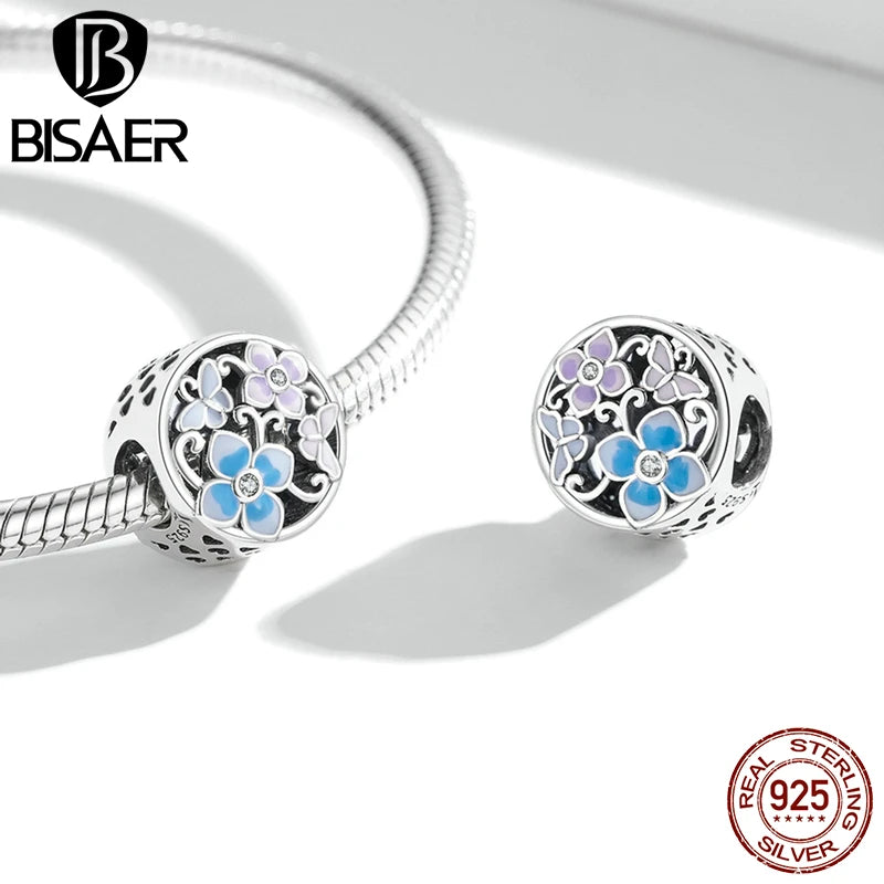 BISAER 100% 925 Sterling Silver Flower Anchor Charm Bead Blue Heart Pendant For Women DIY Bracelet Fine Jewelry Gift