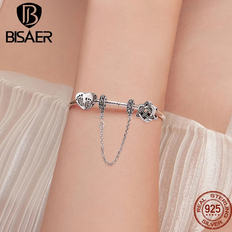 BISAER 925 Sterling Silver Charm Clear AAAAA Zircon Family Heart Cross Safety Chain Beads Fit Bracelet Necklace DIY Fine Jewelry