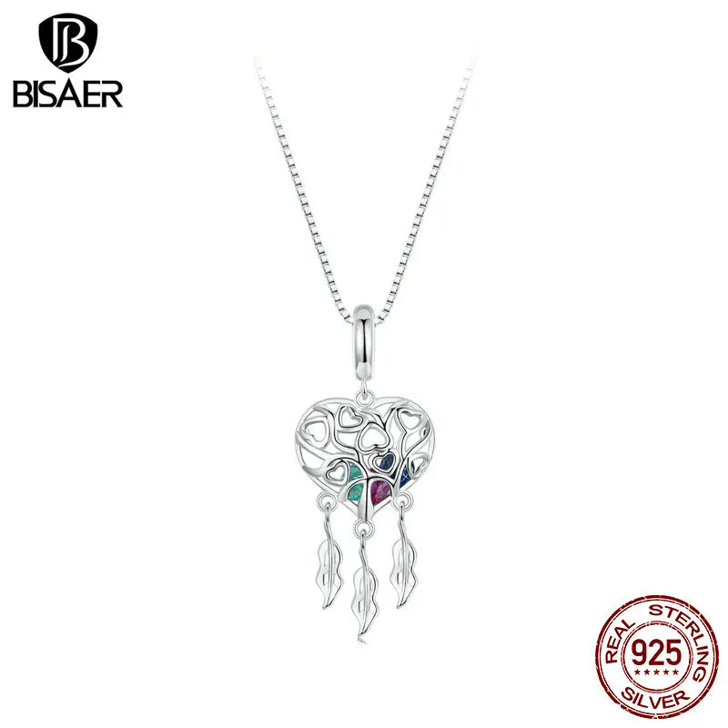 BISAER 925 Sterling Silver Tree of Life Dreamcatcher Pendant Necklace Heart Box Chain Plated White Gold for Woman Fine Jewelry