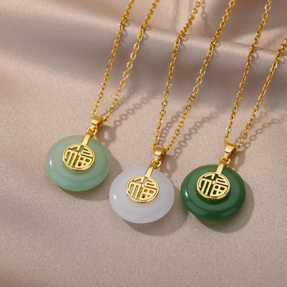 Gold Color Stainless Steel Necklace for Women Men Retro Blessing Round Jade Lucky Necklace Jewelry Birthday Gift