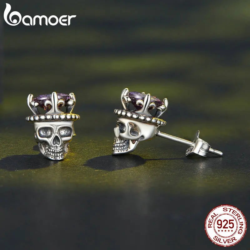 Bamoer 925 Sterling Silver Retro King of Skull Stud Earrings Skeleton Earrings for Women Halloween Fine Jewelry BSE892