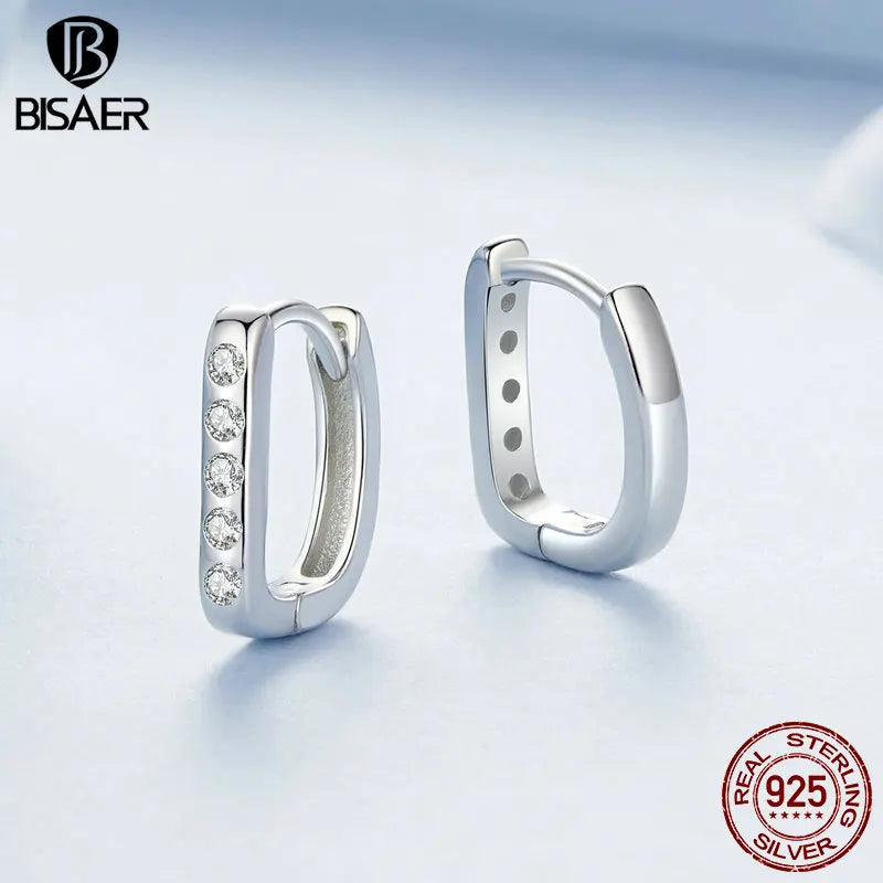 BISAER 925 Sterling Silver Simple D Shape Hoop Geometry Ear Buckles Plated White Gold For Women Party Original Fine Jewelry Gift