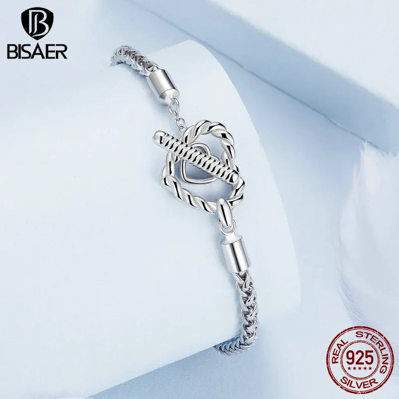 BISAER 925 Sterling Silve Heart-Shaped Basic Bracelet Snake Chain Plated Platinum for Lovers Bead & Charm DIY Fine Jewelry Gift