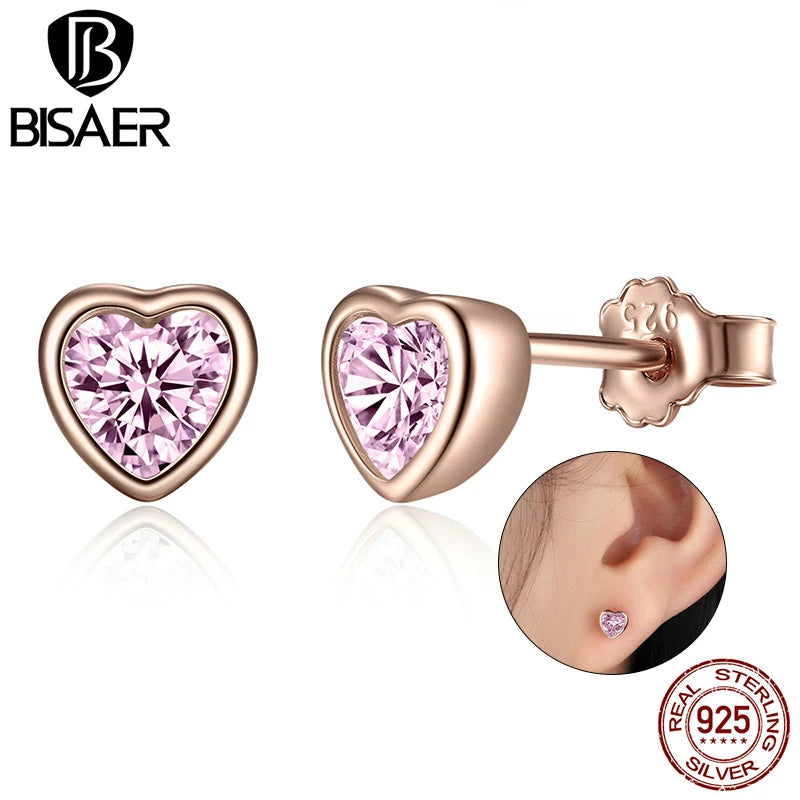 BISAER Heart Stud Earrings 925 Sterling Silver Pink Love Crystal Zircon Earrings For Women Party Wedding 2022 Tend Fine Jewelry