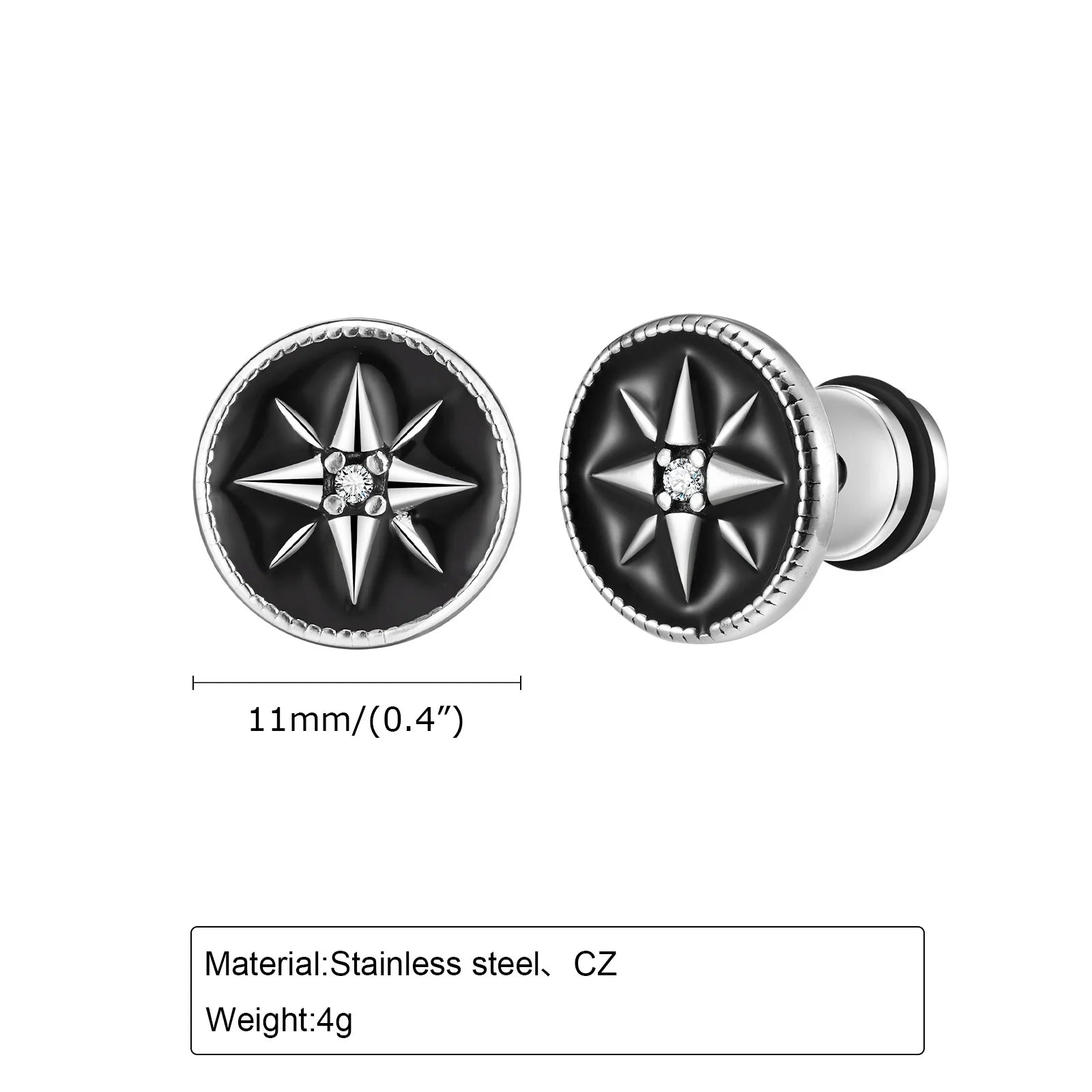 Nautical Compass Star Stud Earrings for Men Boys,Stainless Steel Black Circle with White CZ Stonel,Hiphop Punk Jewelry Gifts