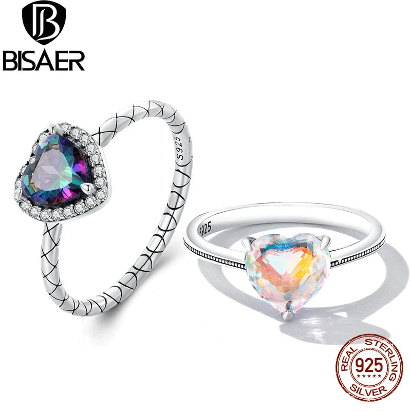 Anillo de plata de ley 925 100 % con forma de corazón y circonitas de colores de BISAER, ideal para bodas, compromisos y fiestas románticas