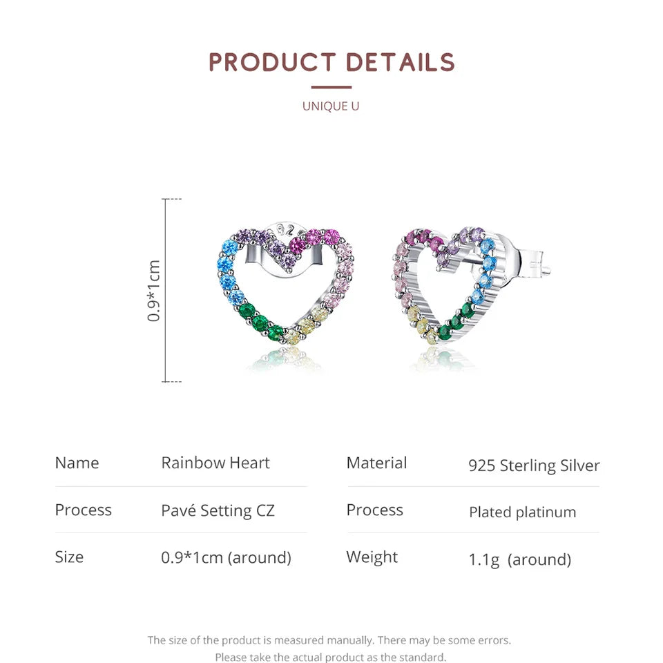 BISAER Rainbow Hollow Heart Stud Earrings 925 Sterling Silver Colorful Zircon Small Earrings For Women Luxury Jewelry ECE891