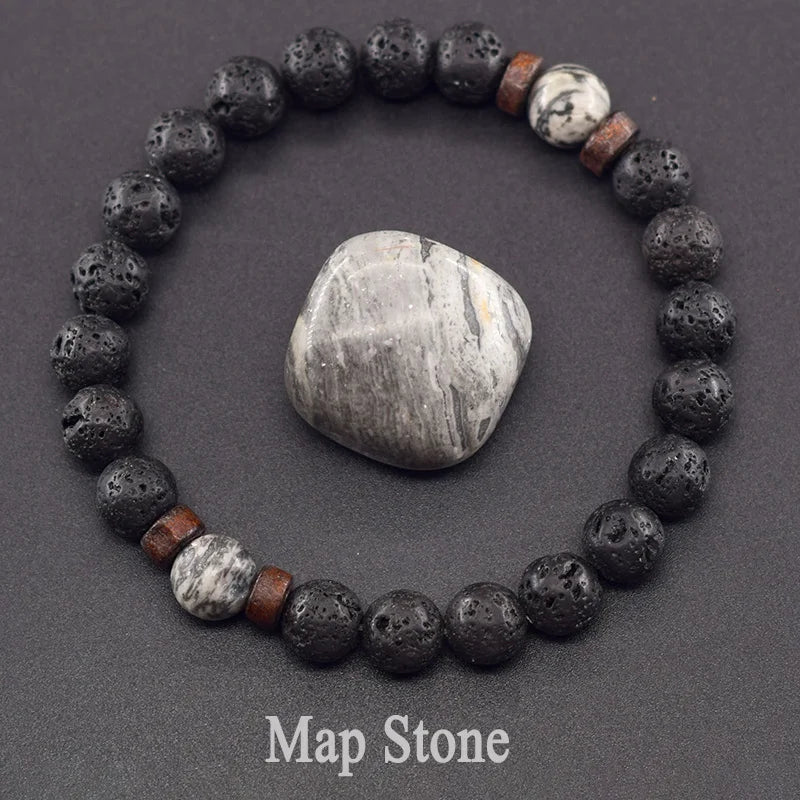 Natural Blue Sandstone Round Beads Bracelet Men Women Vintage Volcanic Stone Jewelry Relieve Anxiety Wristband Birthday Gift