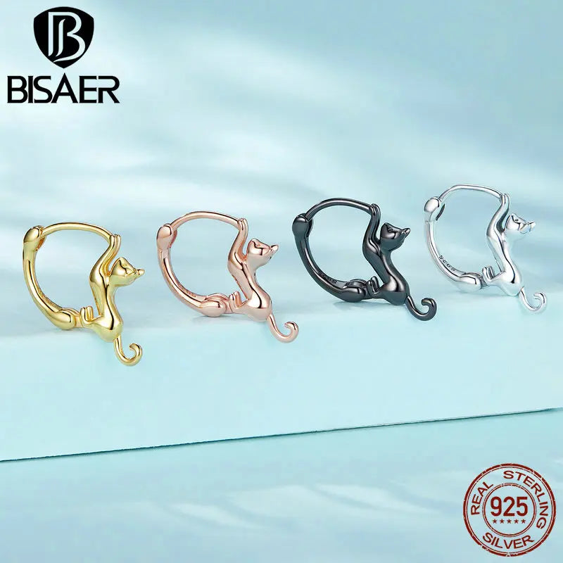 BISAER 100% 925 Sterling Silver Cute Cat Hoop Earrings 4 Colors Pet Animal Ear Clip For Women Party Original Fine Jewelry Gift