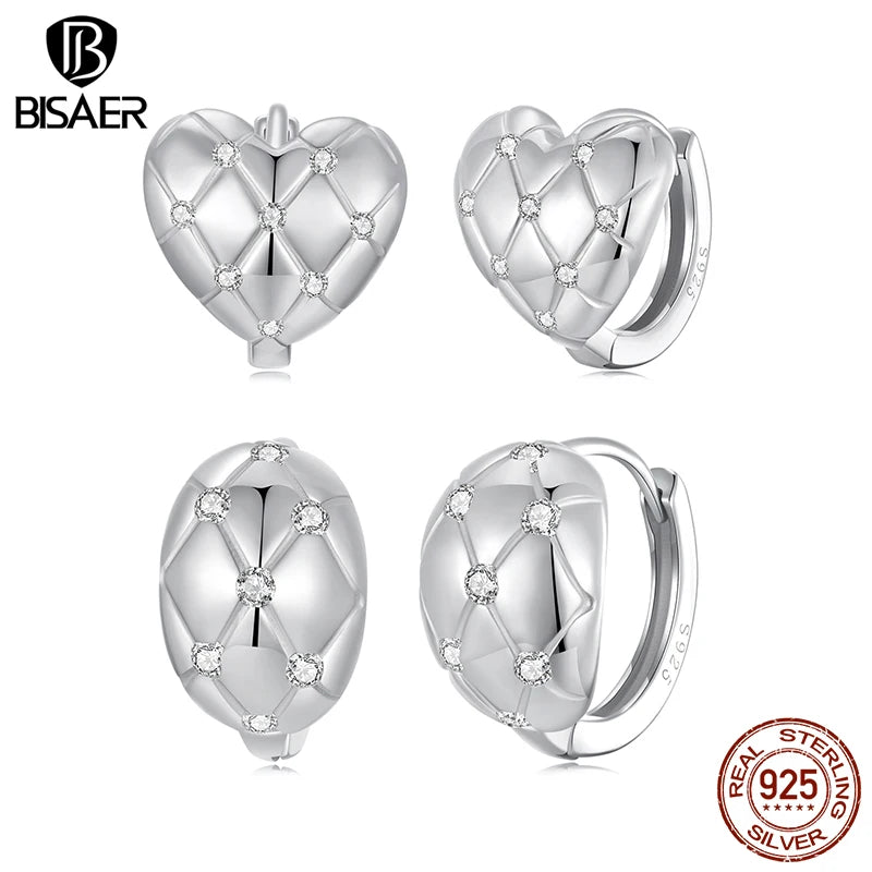 BISAER 925 Sterling Silver Quilting Hoop Earrinngs Heart Stud Earrings Plated White Gold for Romantic Women Party Fine Jewelry