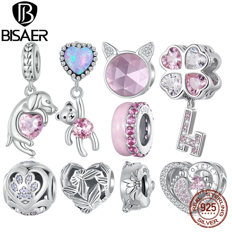 BISAER 100% 925 Sterling Cute Pink Bear Charm Bead Heart-Shaped Butterfly CZ Pendant Fit Women DIY Bracelet Fine Jewelry