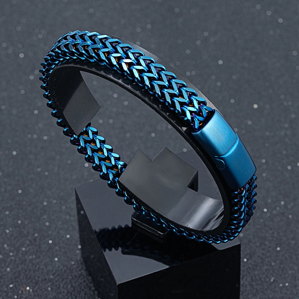 MKENDN 8MM Blue Stainless Steel Curb Chain Bracelet Men Women Chain Bracelets & Bangles Hip Hop Biker Jewelry Gifts