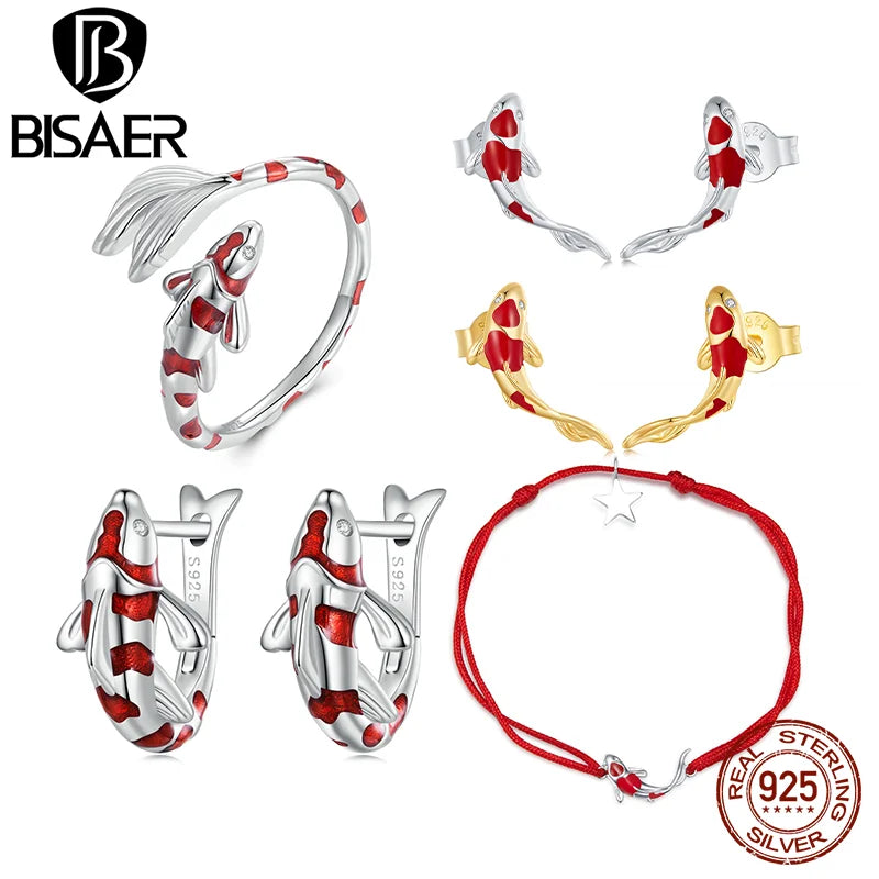 BISAER - Juego de joyas de plata de ley 925 con forma de pez koi rojo, con hebilla para la oreja, collar, pulsera, anillo abierto, regalo de fiesta para mujer afortunada