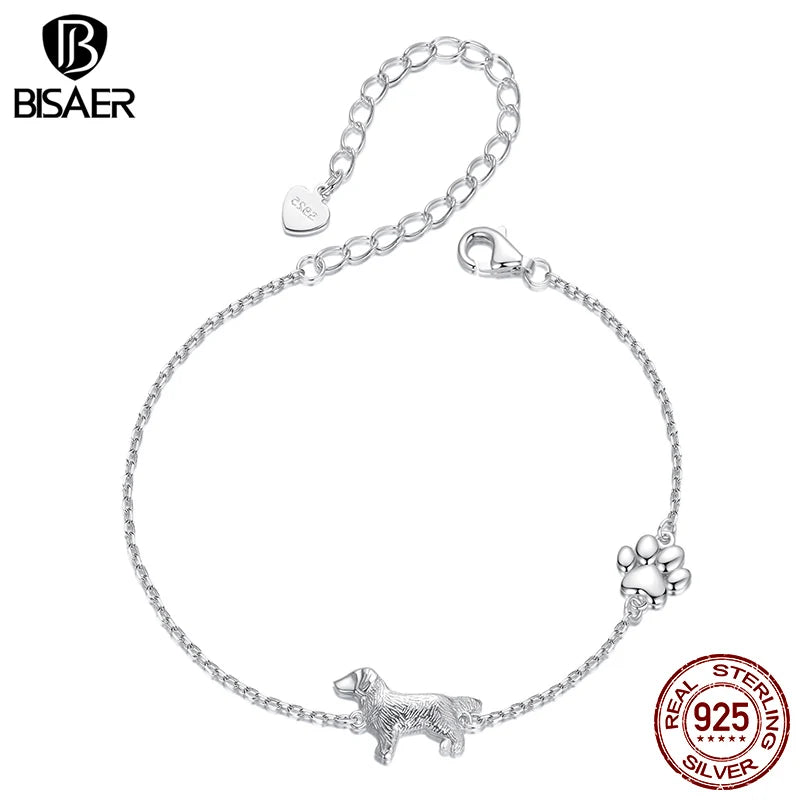 BISAER 925 Sterling Silver Golden Retriever Bracelet Pet Animals Charm Adjustable Chain Plated White Gold for Women Fine Jewelry