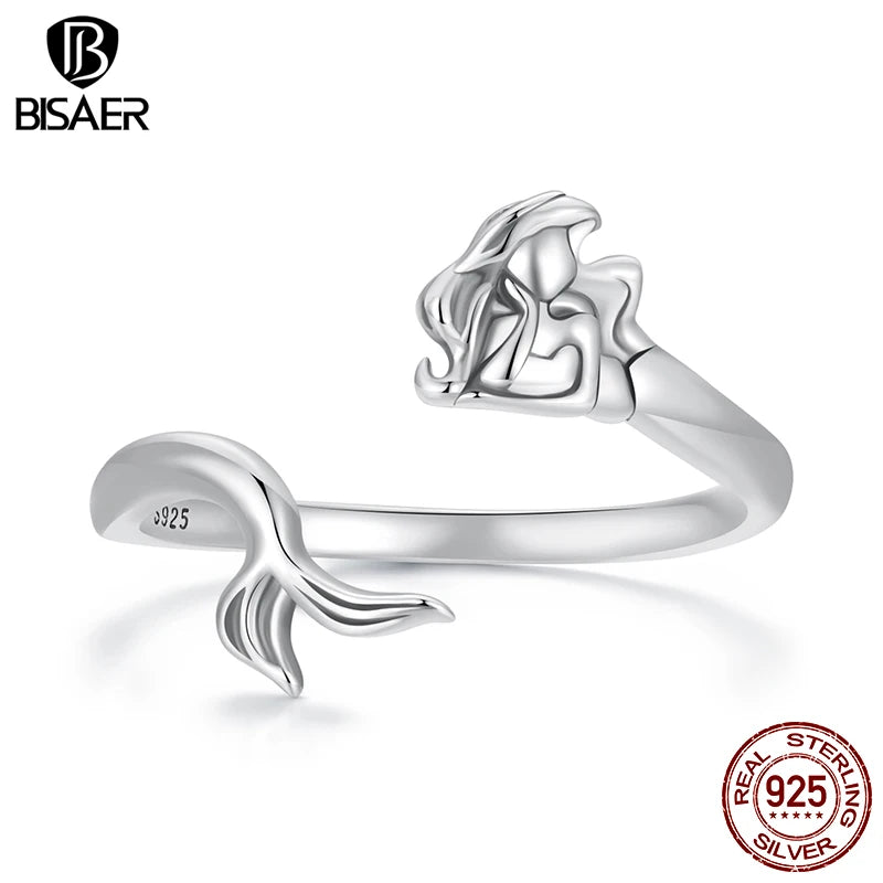 BISAER 100% 925 Sterling Silver Retro Mermaid Open Ring Adjustable Size 5-9 Band for Women Party Fine Jewelry ECR1096-E