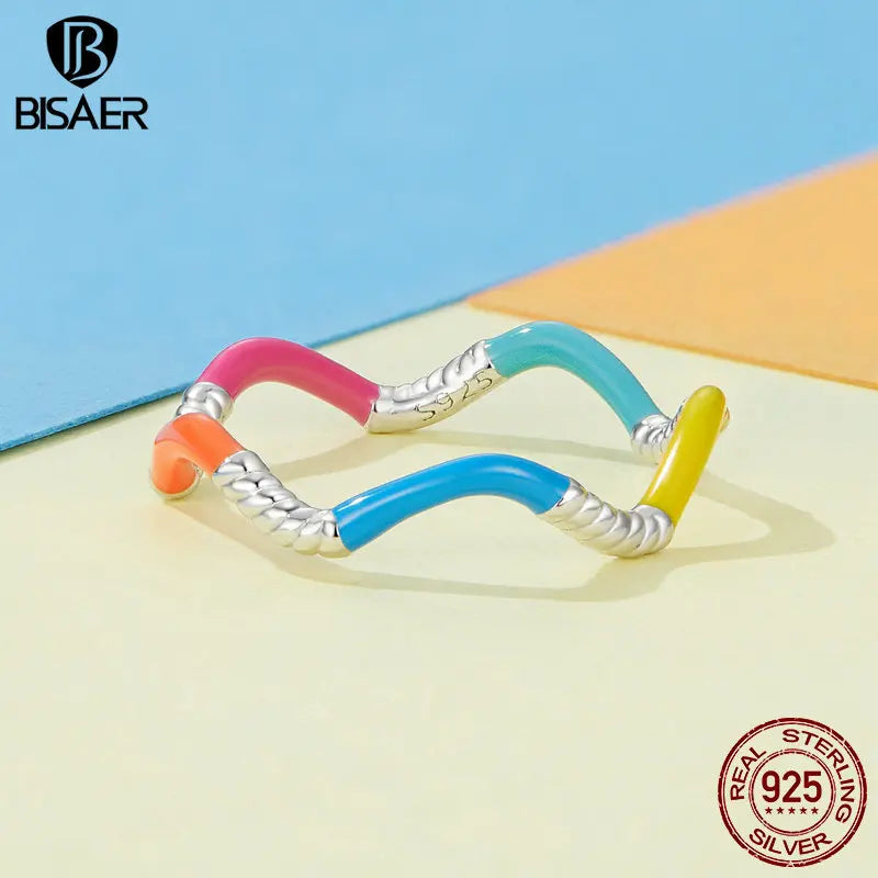 BISAER 925 Sterling Silver Wave-Ring Statement Dopamine Enamel Band Plated White Gold for Woman Party Fine Jewelry Gift