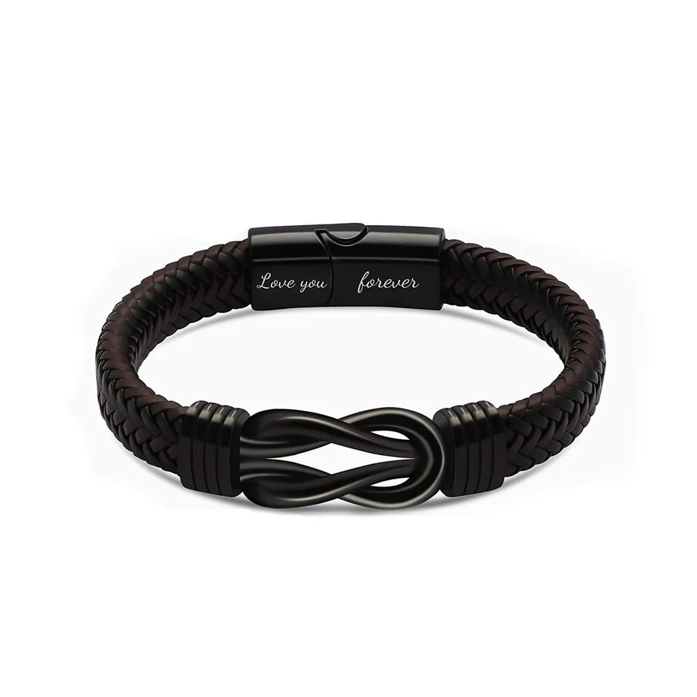 MKENDN Classic Infinity Bracelet for Men Brown Braided Leather Forever Linked Together Stainless Steel Jewelry Personalize Logo