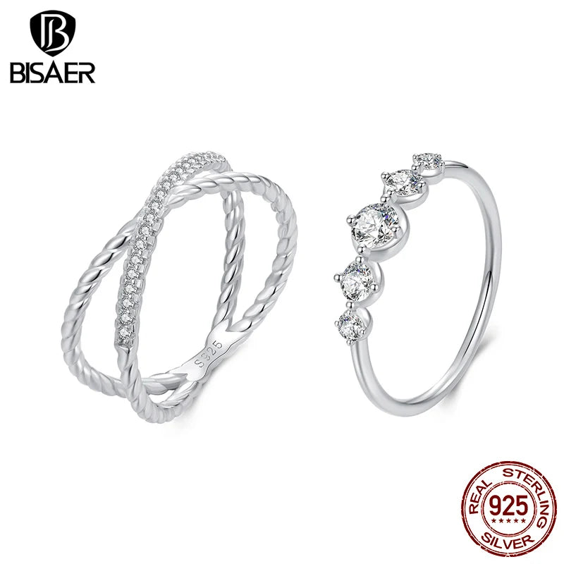 BISAER 925 Sterling Silver Sparkling Double-layer Ring Pave Setting Zircon Band Plated White Gold for Women Weeding Fine Jewelry