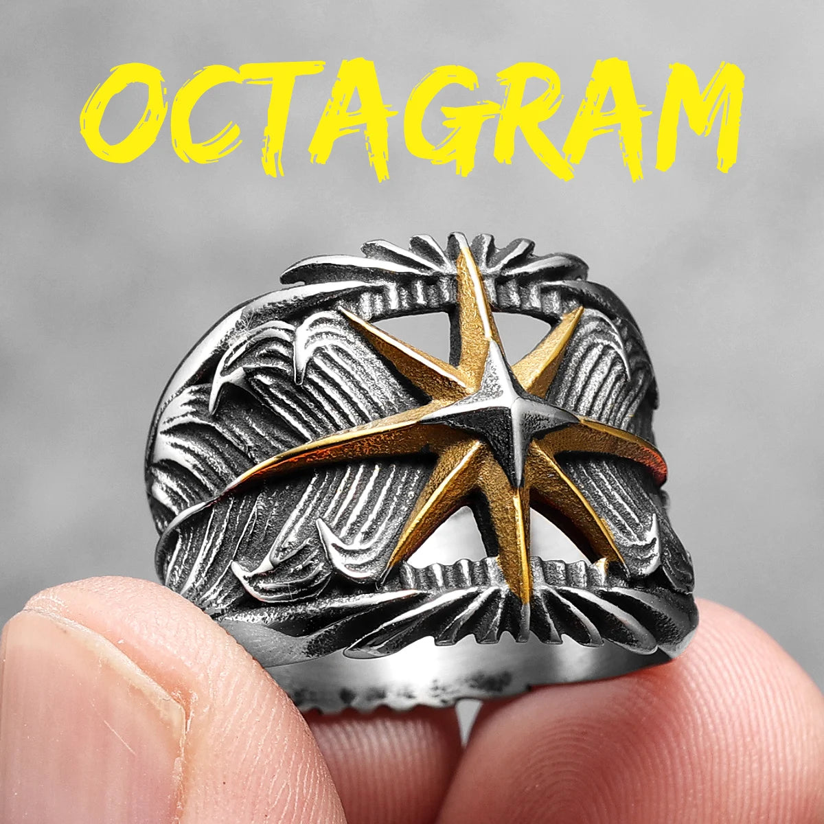 Octagram Ring 316L Stainless Steel Feather Men Ring Hollow Punk Rock Rap for Biker Male Friend Jewelry Creative Gift Wholesale