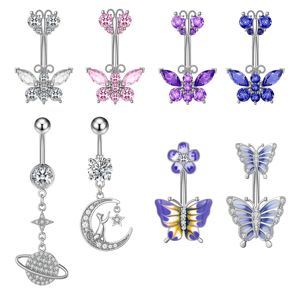 1PC Butterfly Belly Button Ring 316L Steel Pick Star Crystal Surgical Navel Rings Belly Piercing Body Jewelry Dangled Drop Oreja