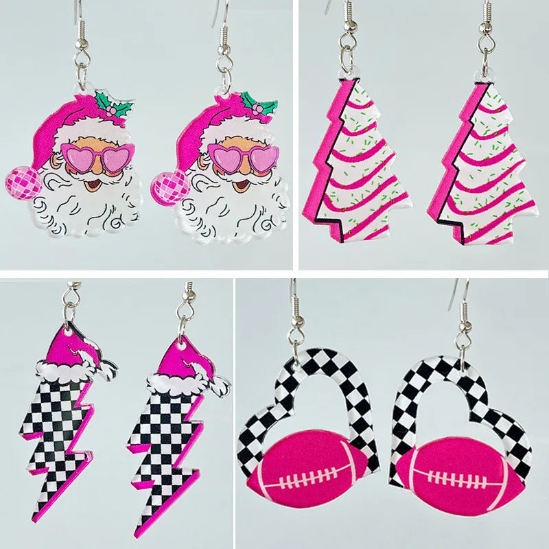 Boucles d'oreilles en acrylique rose avec motif de Père Noël et de football pour femme, bijoux de fête, vente en gros, tendance 2023