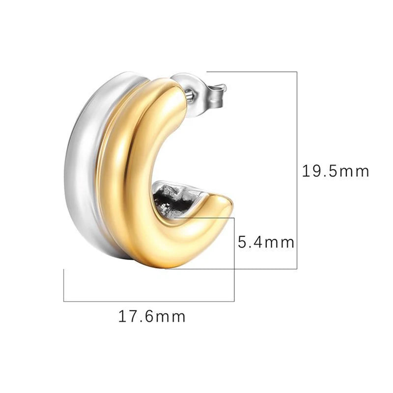 Double Layer Round Circle C Shape Hoop Earrings Gold&Silver Plated Mix Color Stainless Steel Earrings for Women Party Jewelry