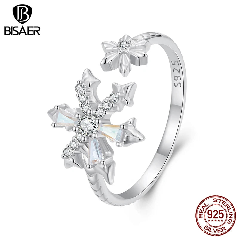 BISAER 925 Sterling Silver Ice Flower Open Ring Sparkling Zircon Adjustable Band Plated White Gold for Women Party Fine Jewelry