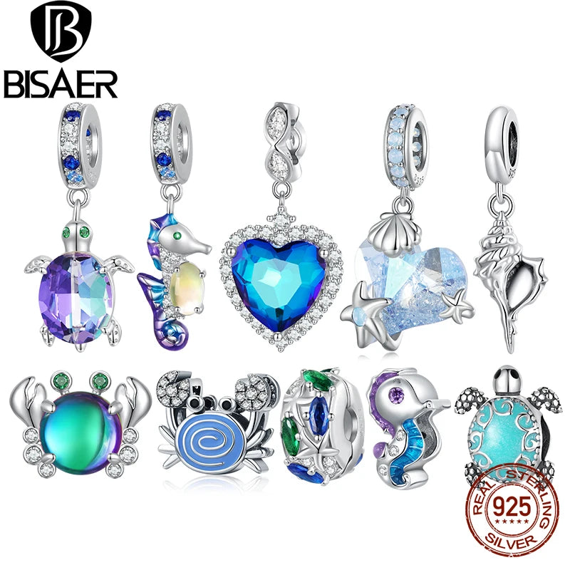 BISAER 925 - Colgante de plata de ley con forma de tortuga y caballito de mar con cuentas de cangrejo y animales marinos de ensueño para mujer, pulsera, collar, joyería