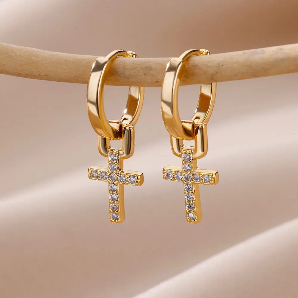 Pendientes colgantes de cruz de circón para mujeres y niñas, pendientes de cruz de acero inoxidable, tendencia 2024, joyería estética para bodas y parejas