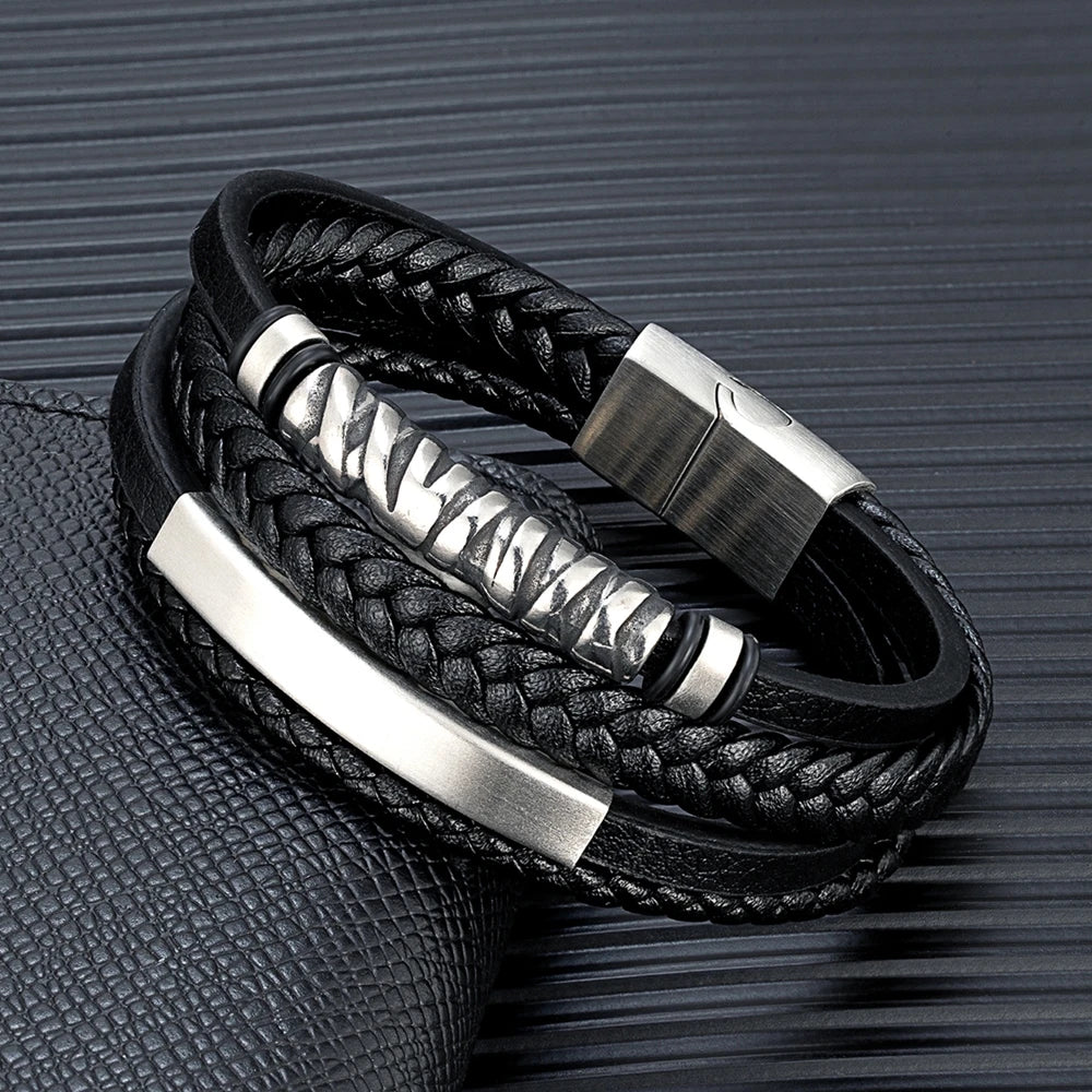 MKENDN Multilayer Stainless Steel Viking Leather Bracelets for Men Braided Bangles Punk Jewelry Homme Accessories