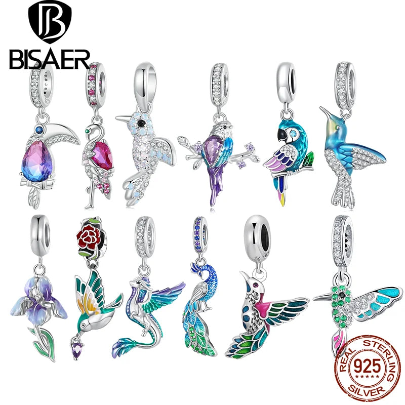 Bisaer 925 Sterling Silber Blume Vogel Charm Bead Garten Bunte CZ Tier Pflanze Anhänger Fit Original Armbänder Armreifen Schmuck