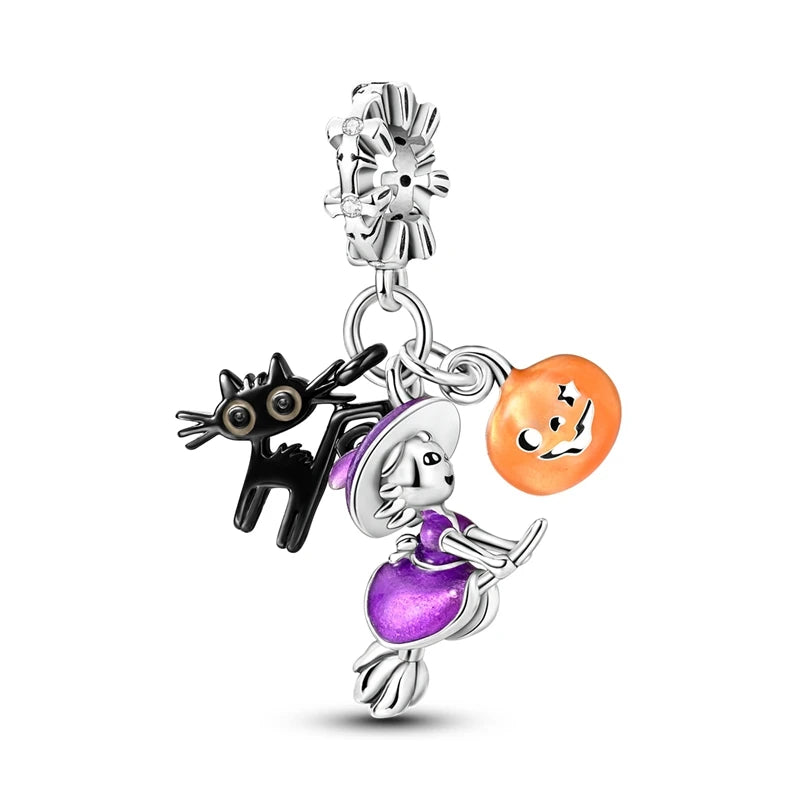 New 925 Sterling Silver Pumpkin Skull Cat Rose Halloween Beads Charms Fit Original Pandora Bracelets Women Jewelry DIY Gift