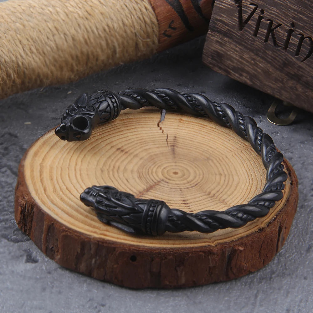 Black Stainless Steel Nordic Viking Norse Dragon Bracelet Men Wristband Cuff Bracelets with Viking Wooden Box