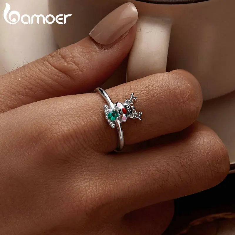 Sterling Silver Classic Reindeer Adjustable Ring Green Zircon Opening Ring for Women Christmas Gift Fine Jewelry - Madeinsea©