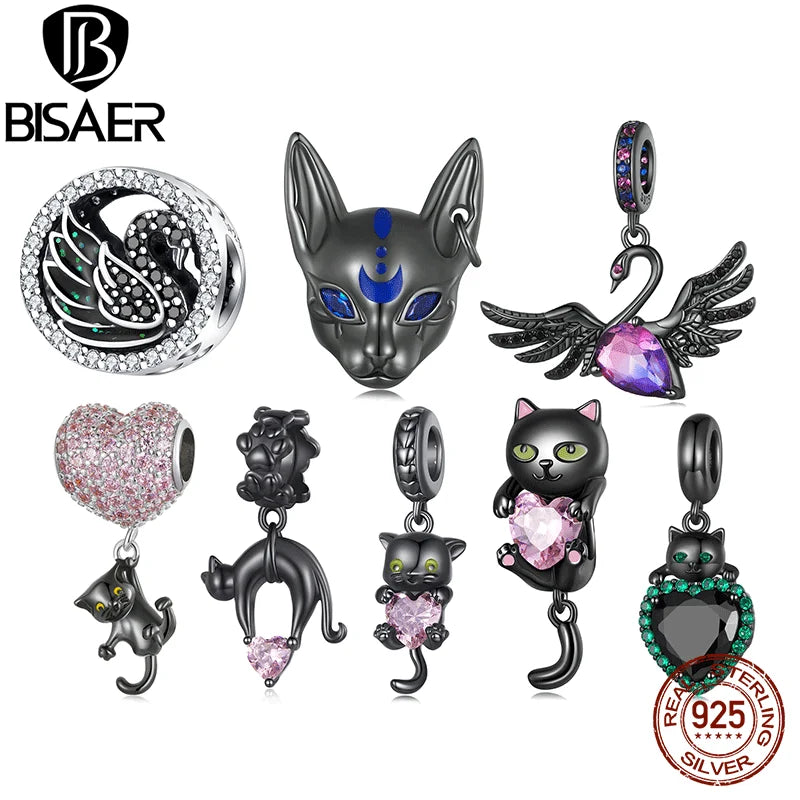 BISAER 925 Sterling Vintage Cat Charm Bead Egyptian Cats God Swan Pendant Plated Black Gold Fit Women DIY Bracelet Fine Jewelry