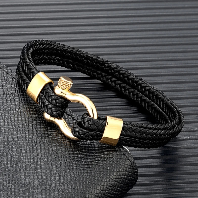 MKENDN High Quality Woven Leather Rope Wrapping Stainless Steel Horseshoe Shackle&Screw Leather Bracelet For Men Women Gifts