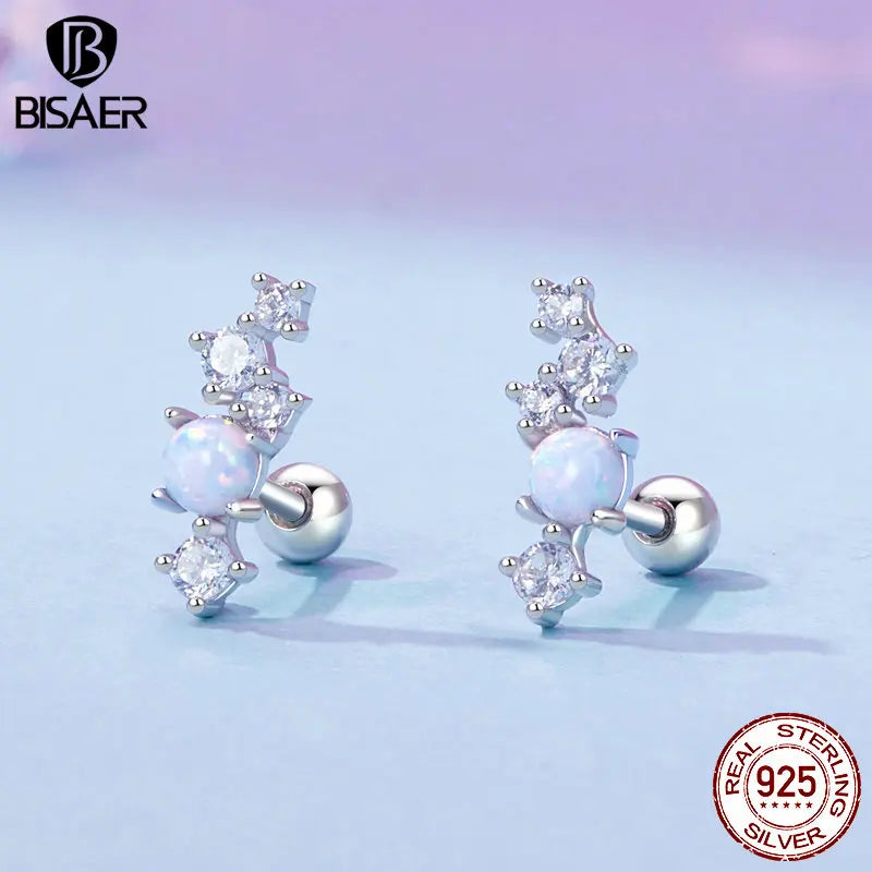 BISAER 925 Sterling Silber Exquisiter Opalring Funkelnde Zirkonia Ohrstecker Vergoldet Weißgold für Damen Party Edles Schmuckset