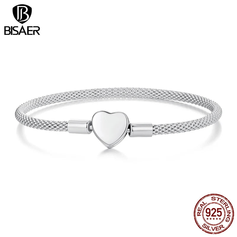 BISAER Real 925 Sterling Silver Heart Basic Bracelet Love Statement Bracelets for Women Charms Beads DIY Fine Jewelry ECB293