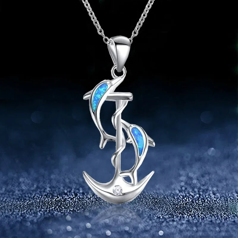 Collier ras du cou en pierre d'opale bleue, simple et mignon, pendentif en chaîne de requin baleine dauphin pour femmes, bijoux personnalisés