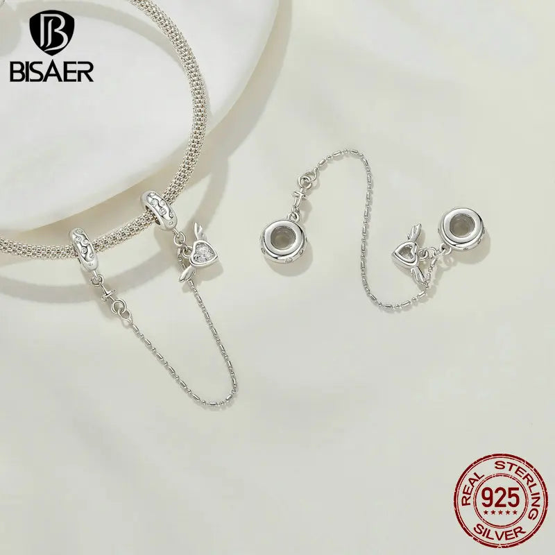 BISAER 925 Sterling Silver Heart Charm Bead Dreamy Butterfly Pendant Love Wing Safety Chain for DIY Bracelets Fine Jewelry Gift