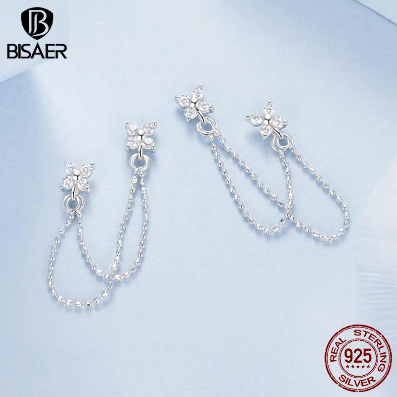 BISAER 925 Sterling Silver Double Tassel Stud Earrings Sparkling Zircon Hypoallergenic Earrings for Women Party Fine Jewelry