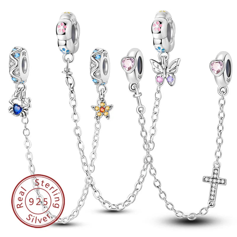 New Pandora Safety Chain 925 Sterling Silver Butterfly Star Moon Pendant Charms Fit Original Pandora Bracelets Jewelry Gifts