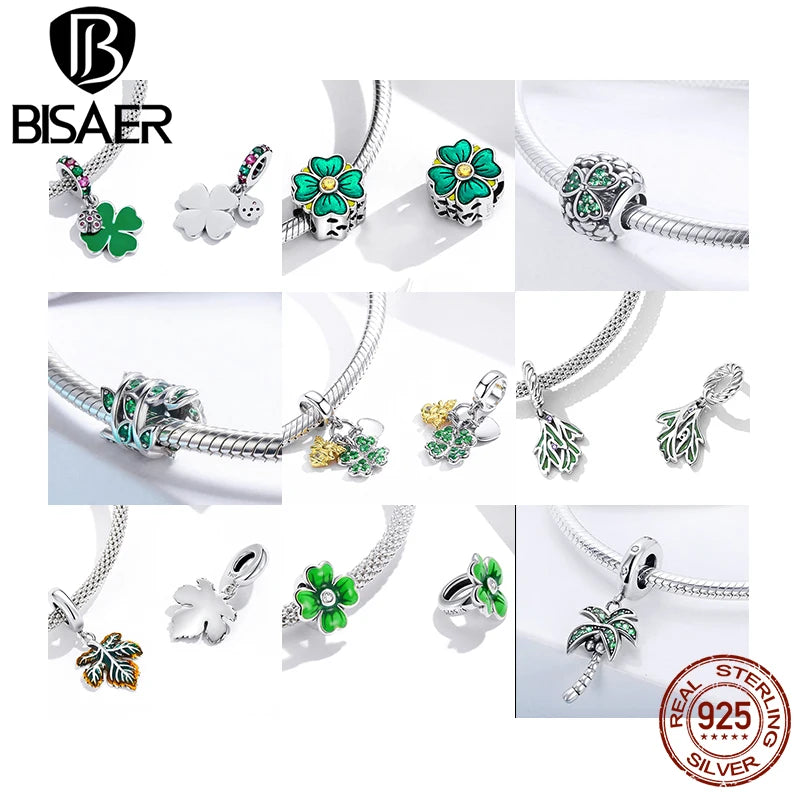 BISAER 925 Sterling Silver Four Leaf Clover Charm Bead Green CZ Pendant Safety Chain Fit Lucky Women DIY Bracelet Fine Jewelry