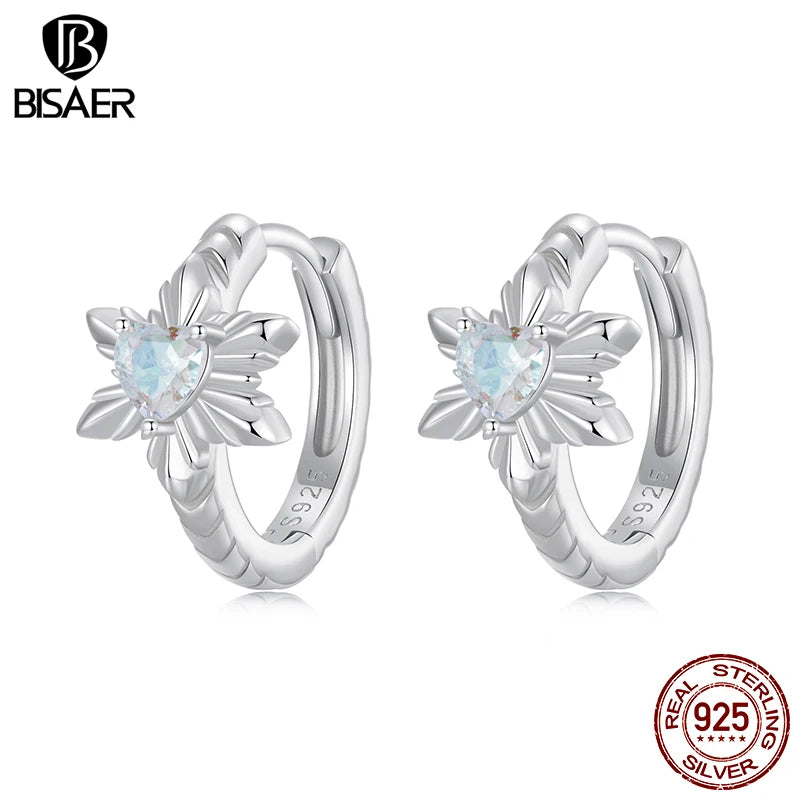 BISAER Real 925 Sterling Silver Ice Flower Hoop Earrings Sparkling Stud Ear For Women Party Original Fine Jewelry Winter Gift