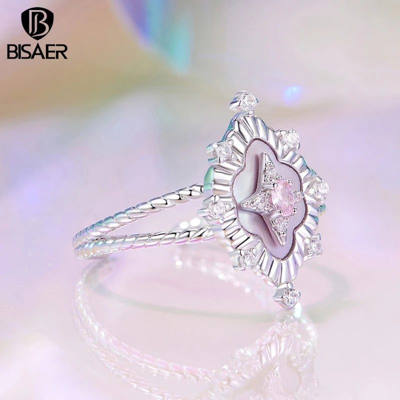 BISAER Starlight Pink Shell Open Ring Adjustable Size 5-9 For Light Luxury Women Wedding Engagement Fashion Jewelry Gift YIR244