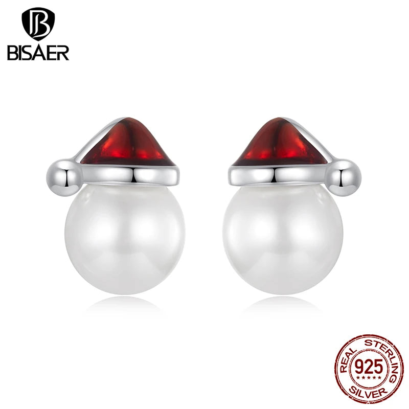 BISAER 925 Sterling Silver Cute Christmas Hat Pearl Stud Earrings Red Enamel Process for Women Fine Jewelry Holiday Gift EFE1094