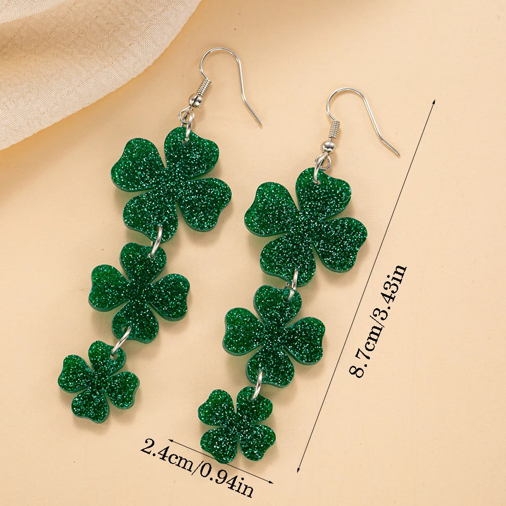 Glitter Lucky Green Shamrock Dangle Earring For Women Girls Irish Style St Patricks Day Earrings Lucky Acrylic Green Drop Earing